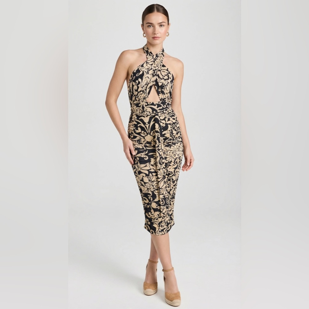 Nightcap Free People Tie Halter Ruched Midi Black Cream Floral Dress XS S M L